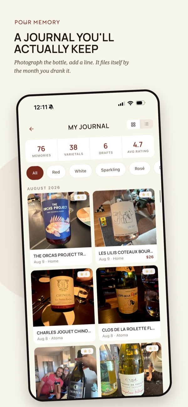 Journal screen, with the caption: A journal you'll actually keep. Photograph the bottle, add a line. It files itself by the month you drank it.