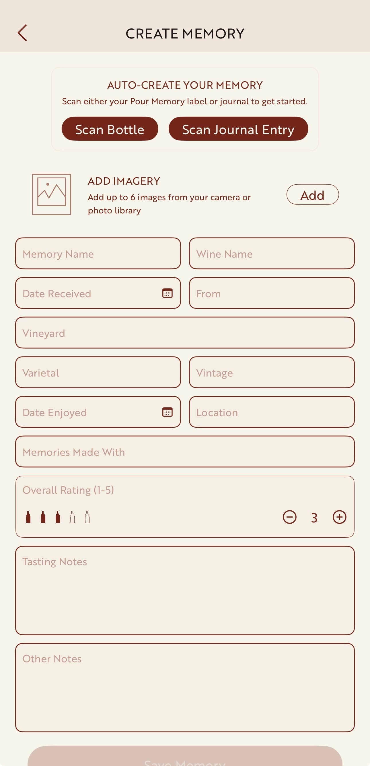 Pour Memory App Interface showing Create Memory screen